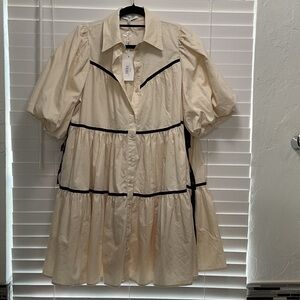 Sofie the Label Tiered Puff Sleeve Shirt Dress in Cream with Black Trim; Sz. M